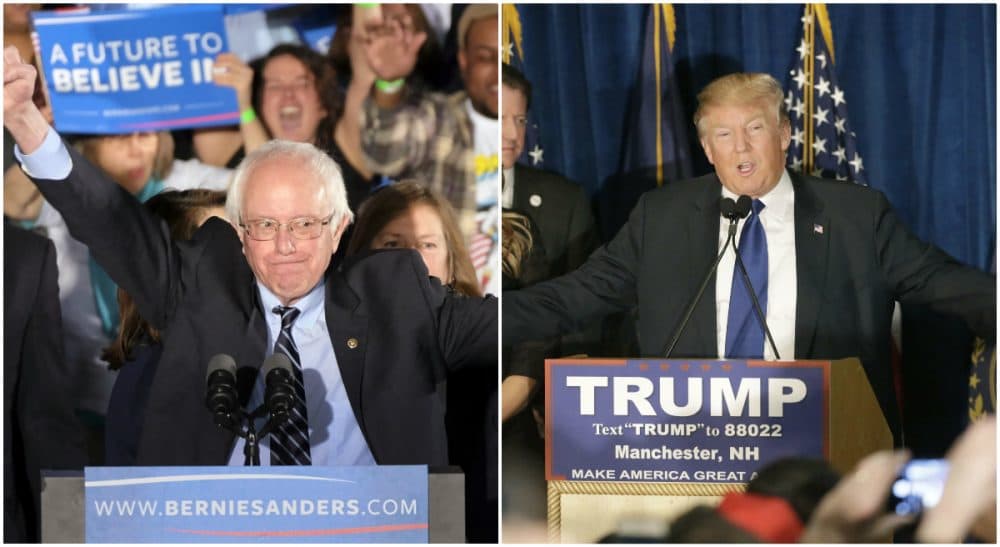 Left, Democratic presidential candidate, Sen. Bernie Sanders, I-Vt., reacts to the cheering crowd at his primary night rally in Manchester, N.H. Right, Republican presidential candidate, businessman Donald Trump speaks to supporters during a primary night rally in Manchester, N.H. (Both photos, AP)