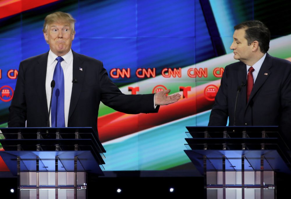 Sen. Ted Cruz and Donald Trump at Thursday's Republican presidential primary debate in Texas (AP Photo/David J. Phillip)