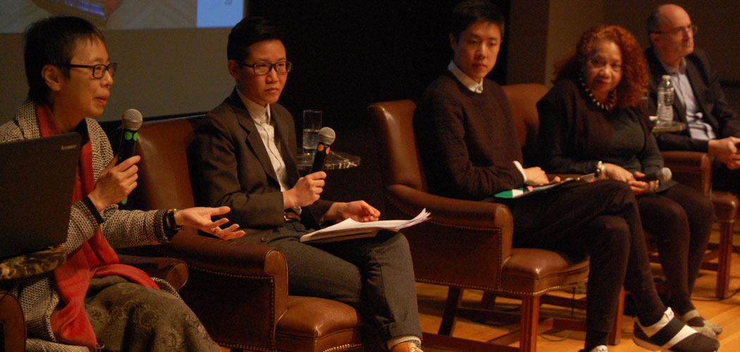 Reiko Tomii (from left), Xtina Huilan Wang, Ryan Wong, Barbara Lewis and Museum of Fine Arts Director Matthew Teitelbaum speak at "Kimono Wednesdays: A Conversation" at the MFA Feb. 7. (Greg Cook/WBUR)