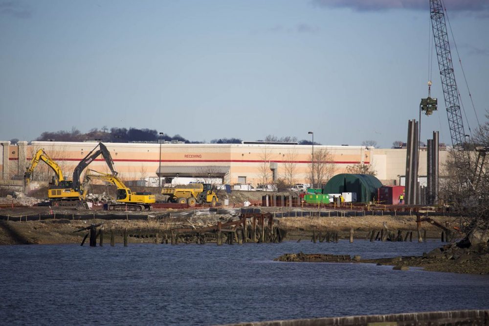 Contractors working on the area where the proposed Wynn Casino in Everett will exist. (Jesse Costa/WBUR)