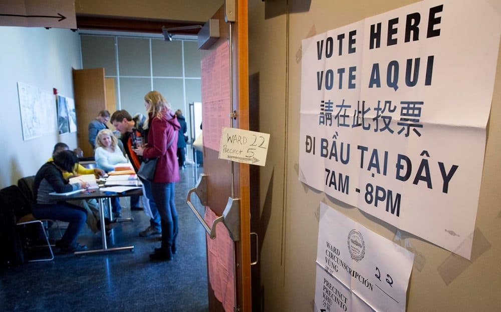 Voters check in at a polling station at the Honan-Allston Branch of the Boston Public Library on Tuesday. (Robin Lubbock/WBUR)