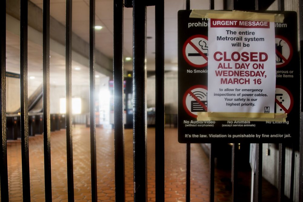 The locked gates of the New Carrollton Metro Station are seen in New Carrollton, Maryland on March 16, 2016, after the DC Metro system closed for 24 hours for maintenance.
Washington's Metro train system is shut down all day for emergency inspections after an electrical fire in a tunnel, transport chiefs said, in an unprecedented move that threatens to cause mass disruption in the US capital. (JIM WATSON/AFP/Getty Images)