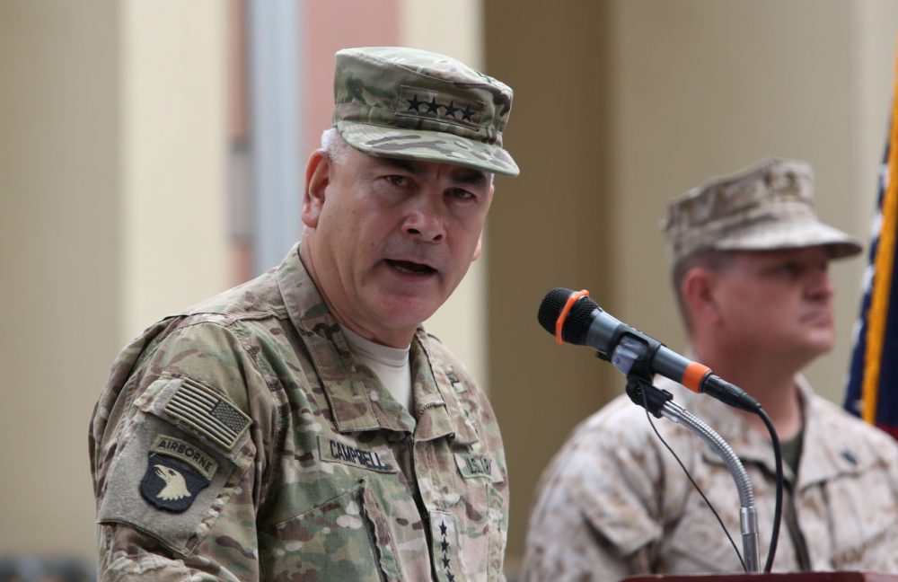 U.S. Army General John Campbell, the outgoing commander of Resolute Support forces and United States forces in Afghanistan, speaks during a change of command ceremony at Resolute Support headquarters in Kabul on March 2, 2016. Just over one year ago, the US and NATO-led mission in Afghanistan transitioned into an Afghan operation, with allied nations assisting in training and equipping local forces to tackle Taliban and other groups. (Rahmat Gul/AFP/Getty Images)