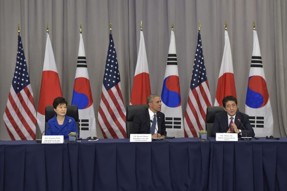 U.S. President Barack Obama takes part in a trilateral meeting with Japan's Prime Minister Shinzo Abe and South Korea's President Park Geun-Hye on the sidelines of the Nuclear Security Summit at the Walter E. Washington Convention Center on March 31, 2016 in Washington, D.C. (Mandel Ngan/AFP/Getty Images)