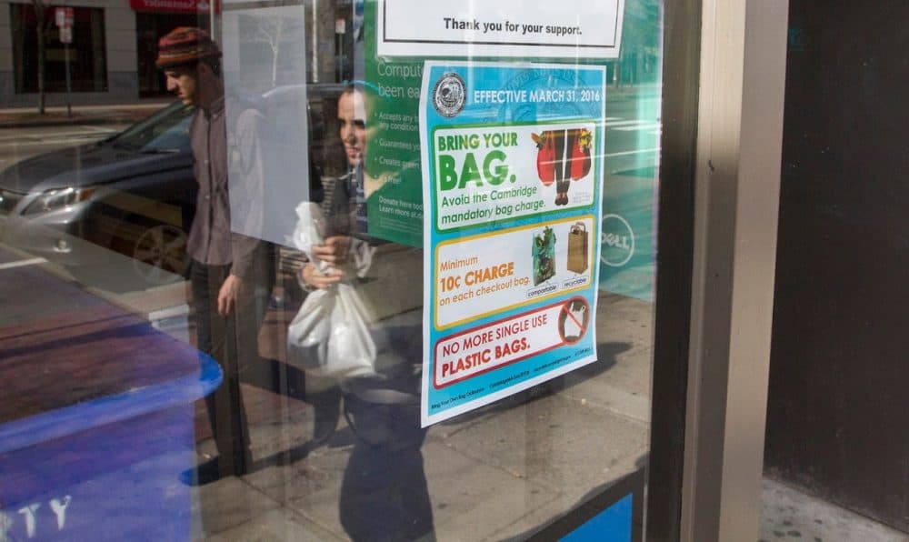 Under the ‘Bring Your Own Bag’ ordinance, the city of Cambridge has banned single-use plastic bags. Boston will do the same come fall 2018. (Joe Difazio for WBUR)