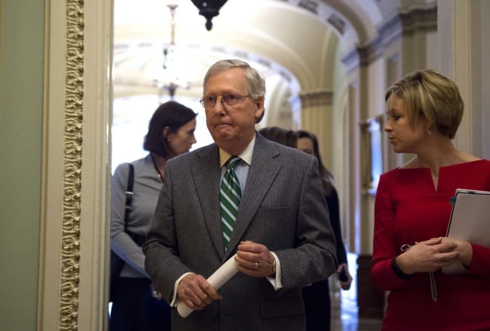 Senate Majority Leader Mitch McConnell walks from the chamber after a cloture vote on Capitol Hill in Washington on Wednesday. (Molly Riley/AP)