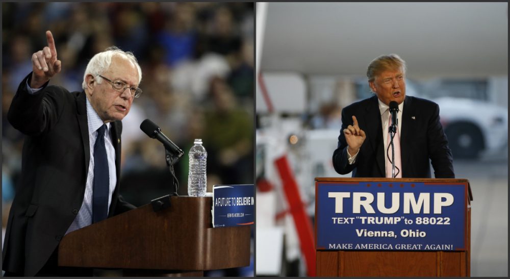 Rich Barlow: "This year's two populist candidates have a view of trade as fanciful as any Harry Potter tale." Pictured: Democratic presidential candidate, Sen. Bernie Sanders, I-Vt., at a campaign rally in St. Charles, Mo. Republican presidential candidate, Donald Trump in Youngstown-Warren Regional Airport in Vienna, Ohio, Monday, March 14, 2016. (Left to right: Jeff Roberson, Gene J. Puskar/AP)