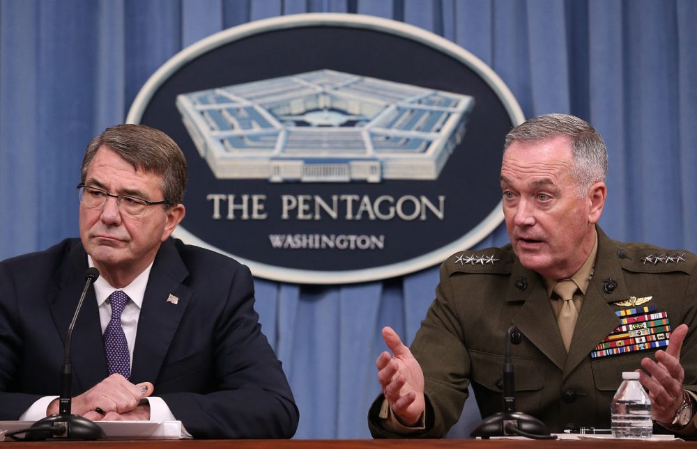 U.S. Secretary of Defense Ash Carter and Chairman of the Joint Chiefs of Staff Gen. Joseph Dunford confirmed reports on Friday that the U.S. successfully targeted ISIS leader Haji Imam in a recent attack and described him as the group's finance minister. (Win McNamee/Getty Images)