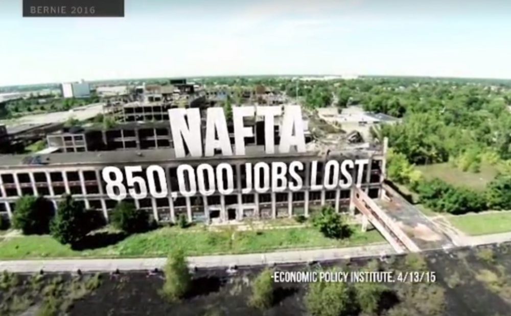 A screenshot from Bernie Sanders' new ad about his stance on the North American Free Trade Agreement and other trade deals.