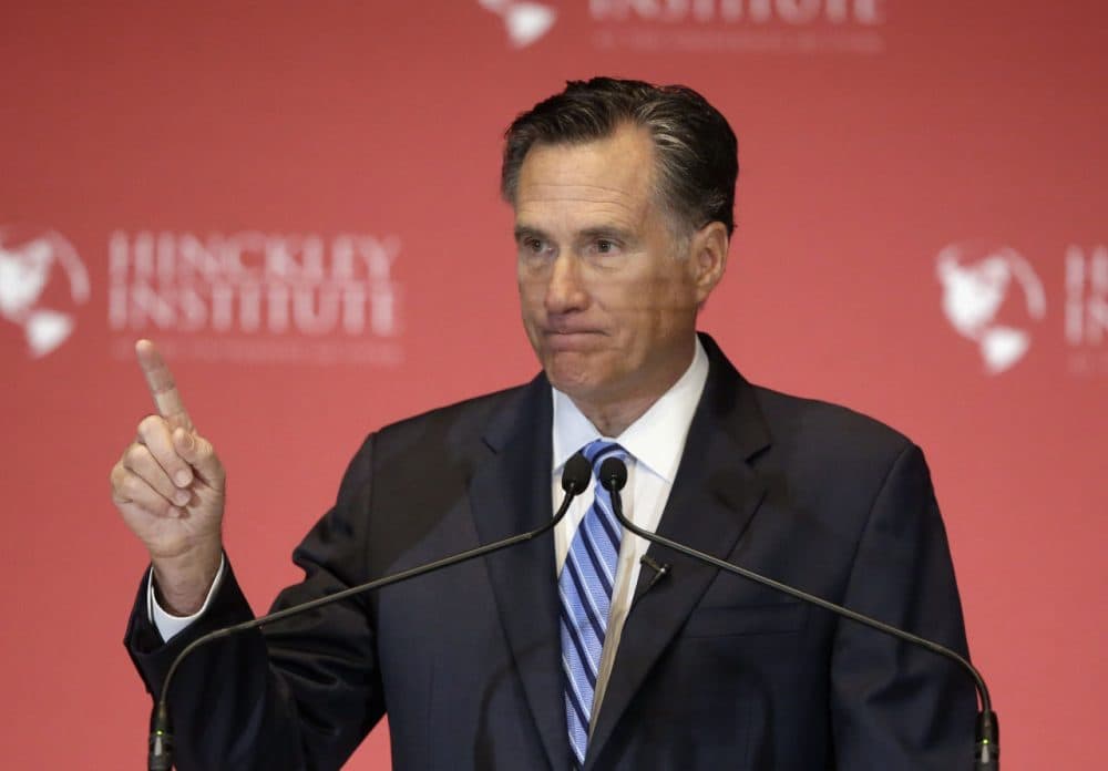 Former Republican presidential candidate Mitt Romney weighs in on the Republican presidential race during a speech at the University of Utah, Thursday, March 3, 2016, in Salt Lake City. The 2012 GOP presidential nominee has been critical of front-runner Donald Trump on Twitter in recent weeks and has yet to endorse any of the candidates. (AP Photo/Rick Bowmer)