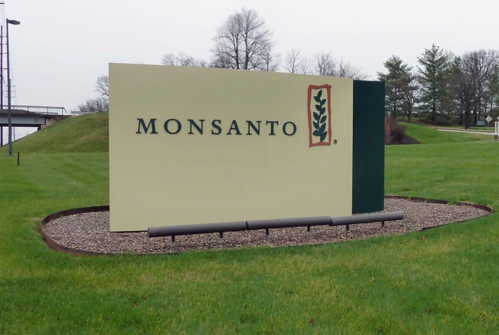 The entrance sign is seen at the headquarters of Monsanto, at Creve Coeur (St. Louis), Missouri, on April 7, 2014. Monsanto is the world's largest seed supplier. (Juliette Michel/AFP/Getty Images)