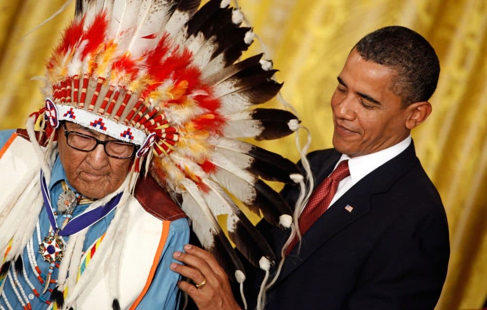 U.S. President Barack Obama presents the Medal of Freedom to Crow War Chief Dr. Joseph Medicine Crow High Bird during a ceremony in the East Room of the White House August 12, 2009. (Chip Somodevilla/Getty Images)