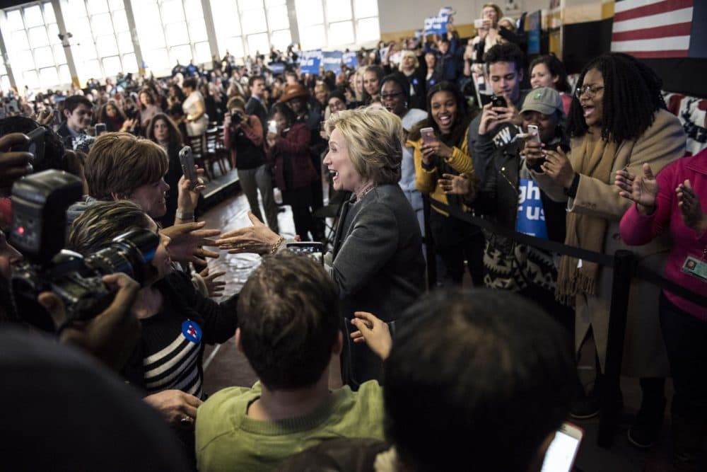 Democratic presidential candidate Hillary Clinton greets the crowd following a Women for Hillary Town Hall meeting with New York City first lady Chirlane McCray and New York Congresswomen Yvette Clarke on April 5, 2016 at Medgars Evers College in the Brooklyn borough of New York City. The meeting comes before the New York primary which takes place on April 19. (Andrew Renneisen/Getty Images)