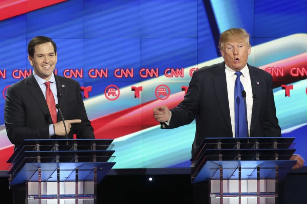 Republican presidential candidate, Sen. Marco Rubio (R-FL) reacts to a point by Donald Trump during the Republican presidential debate at the Moores School of Music at the University of Houston on February 25, 2016 in Houston, Texas. (Michael Ciaglo-Pool/Getty Images)
