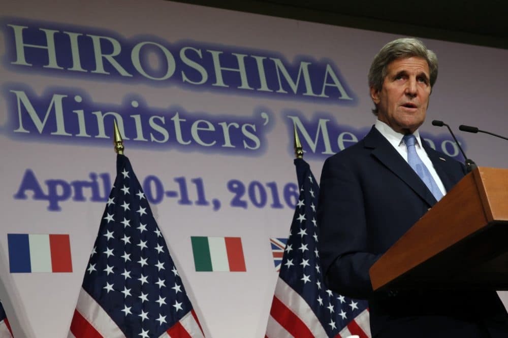US Secretary of State John Kerry speaks during a press conference at the conclusion of the G7 Foreign Ministers' Meetings in Hiroshima on April 11, 2016.
Kerry said on April 11 he was "deeply moved" by his visit earlier in the day to the Hiroshima atomic bomb memorial in the Japanese city.
/ AFP / POOL / JONATHAN ERNST (JONATHAN ERNST/AFP/Getty Images)