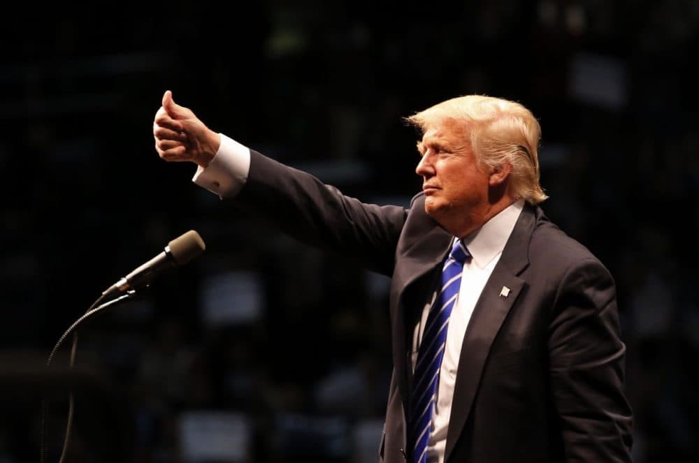 Republican presidential candidate Donald Trump gives a thumbs up to supporters after speaking at a campaign rally on April 11, 2016 in Albany, New York. The New York Democratic primary is scheduled for April 19th. (Eduardo Munoz Alvarez/Getty Images)