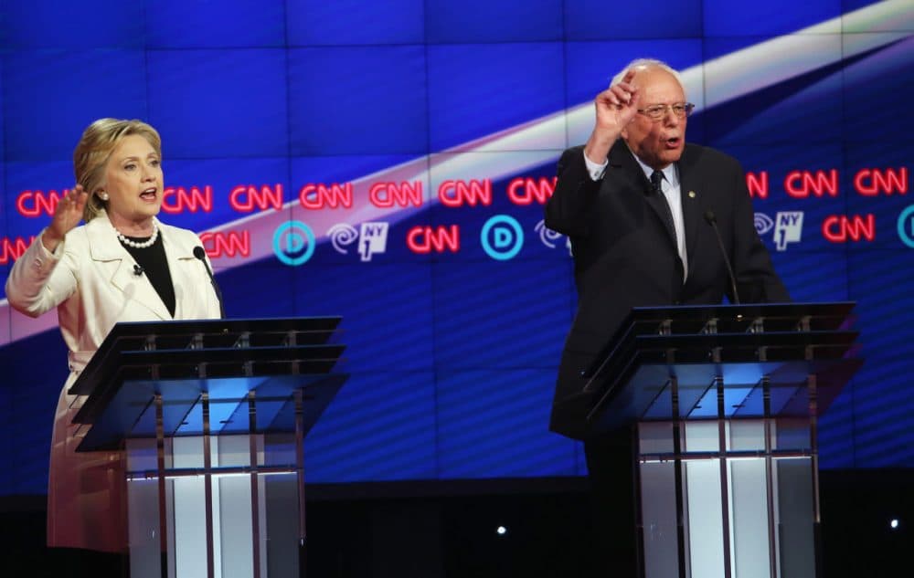Democratic Presidential candidates Hillary Clinton and Sen. Bernie Sanders (D-VT) debate during the CNN Democratic Presidential Primary Debate at the Duggal Greenhouse in the Brooklyn Navy Yard on April 14, 2016 in New York City. The candidates debated ahead of the New York primary to be held April 19. (Justin Sullivan/Getty Images)