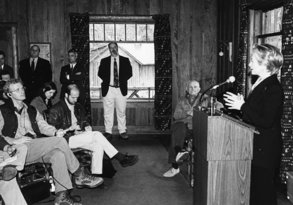 Hillary Clinton campaigns in Big Moose Lake, in New York's Adirondack Mountains, in April 2000. (Photo credit: Photographer Ken Rimany, courtesy of John Sheehan and the Adirondack Council)