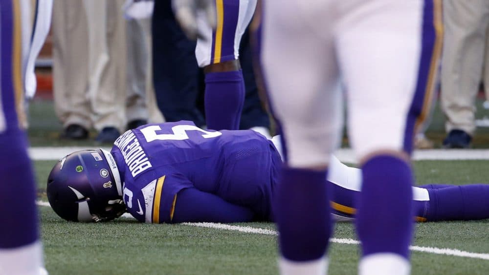 Minnesota Vikings quarterback Teddy Bridgewater lies on the field after suffering a concussion. On Monday, a three-judge panel (AP Photo/Ann Heisenfelt, File)