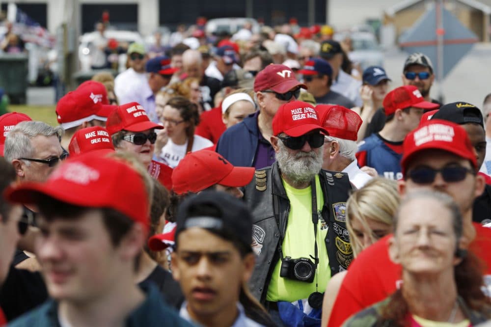 Supporters of Republican presidential candidate Donald Trump line up prior to a rally, Friday, April 22, 2016, at the Delaware State Fairgrounds in Harrington, Del. (Julio Cortez/AP)