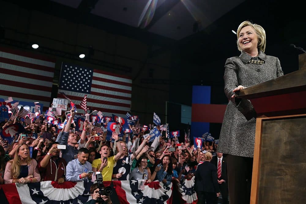 Democratic presidential candidate Hillary Clinton speaks during her primary night gathering at the Philadelphia Convention Center on April 26, 2016 in Philadelphia, Pennsylvania. (Justin Sullivan/Getty Images)