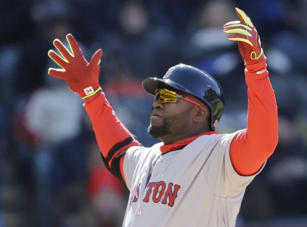 David Ortiz reacts after hitting a two-run home run off Cleveland Indians relief pitcher Trevor Bauer in the ninth inning Tuesday's opening day game in Cleveland. (Tony Dejak/AP)