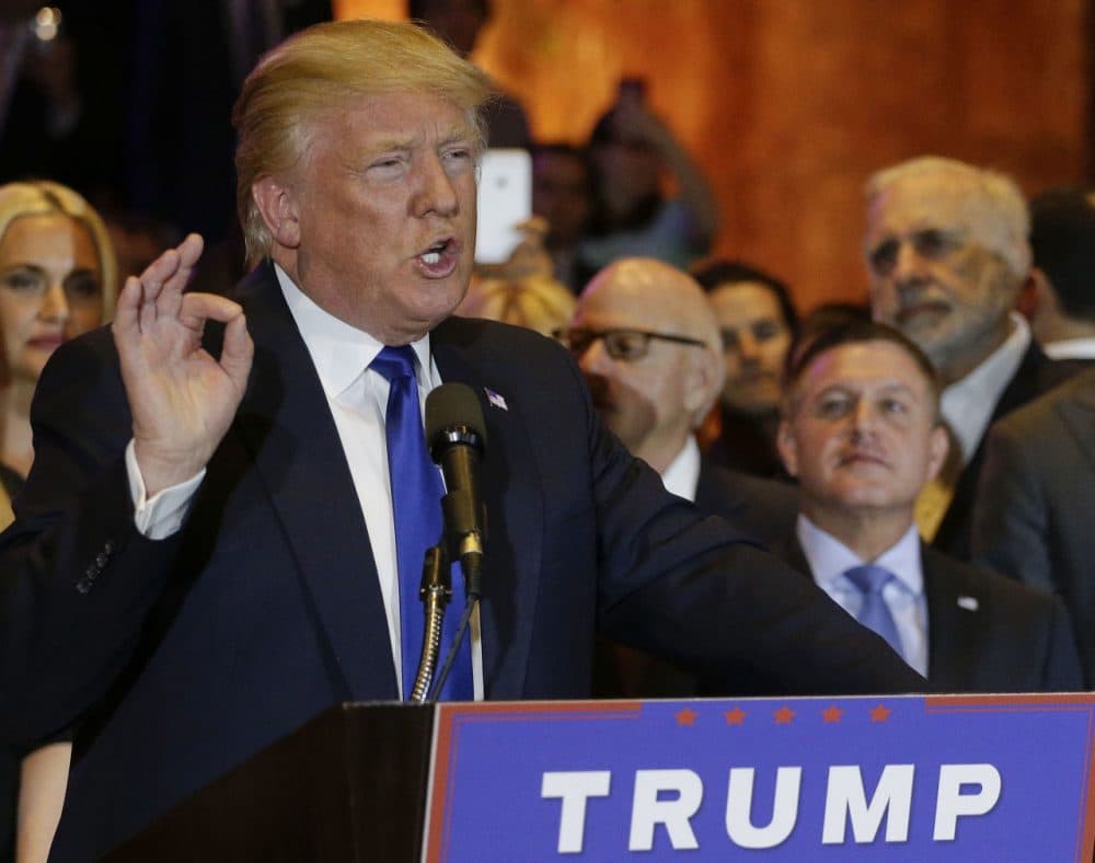 Republican presidential candidate Donald Trump speaks during a New York primary night campaign event, Tuesday, April 19, 2016, in New York. (AP Photo/Julie Jacobson)