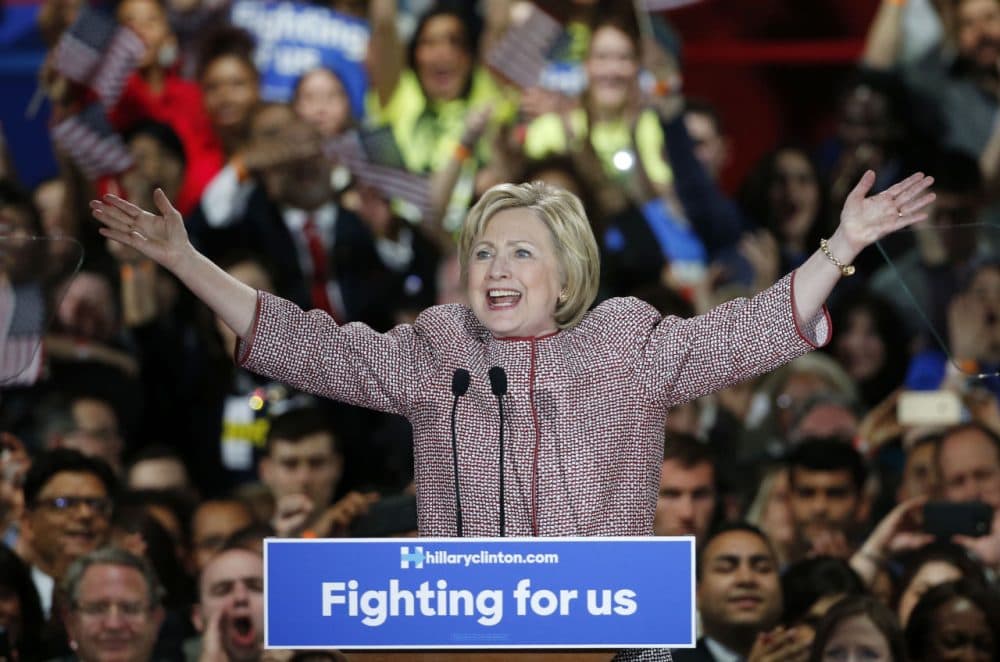 Democratic presidential candidate Hillary Clinton greets supporters after winning the New York state primary election, Tuesday, April 19, 2016, in New York. (AP Photo/Kathy Willens)