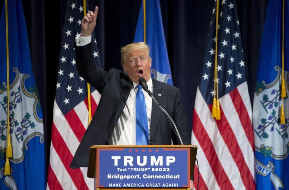 Republican presidential candidate Donald Trump speaks during a campaign rally in Bridgeport, Conn., Saturday. (Michael Dwyer/AP)