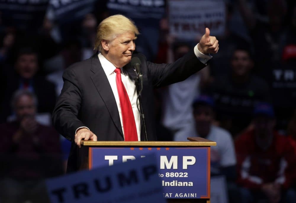 Republican presidential candidate Donald Trump gestures during a campaign stop in Indianapolis on April 27. (Darron Cummings/AP)