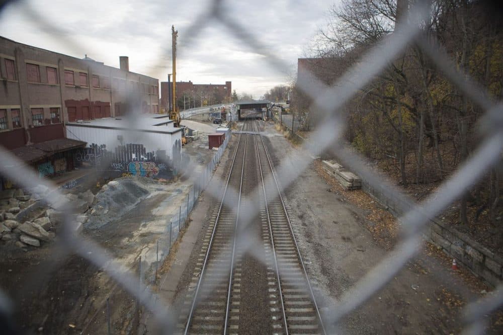 The tracks of the corridor for the proposed green line extension, which would run through Somerville and Medford. (Jesse Costa/WBUR)