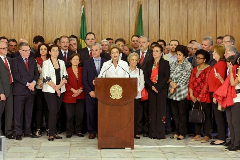 Brazil's suspended President Dilma Rousseff makes a statement at the Planalto Palace in Brasilia on May 12, 2016.
Rousseff said Thursday that democracy and the constitution are at stake after she was forced to face an impeachment trial in the Senate and cede power to vice president Michel Temer. (EVARISTO SA/AFP/Getty Images)