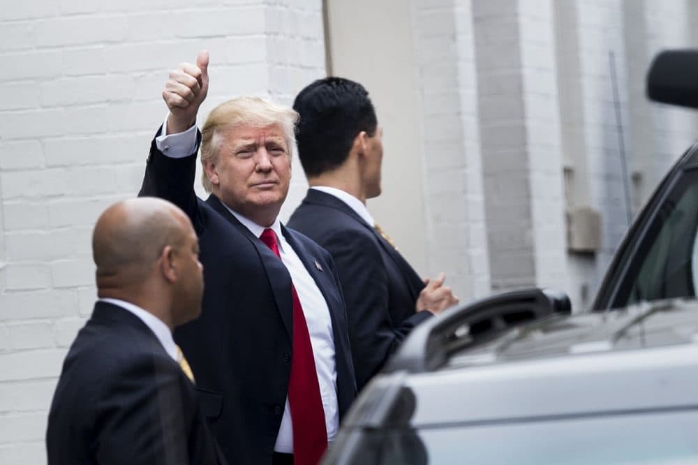 Republican US Presidential candidate Donald Trump arrives for a meeting with Speaker of the House Paul Ryan (R-WI) at the National Republican Congressional Committee May 12, 2016 in Washington, DC. (BRENDAN SMIALOWSKI/AFP/Getty Images)