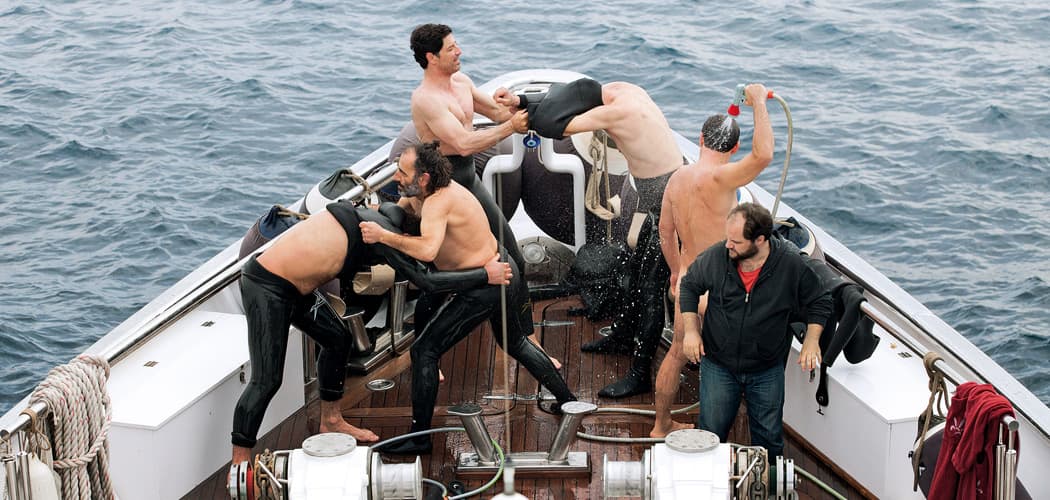 Vangelis Mourikis, Yorgos Pirpassopoulos, Yiorgos Kendros, Sakis Rouvas, Panos Koronis and Efthymis Papadimitriou in "Chevalier." (Courtesy Strand Releasing)