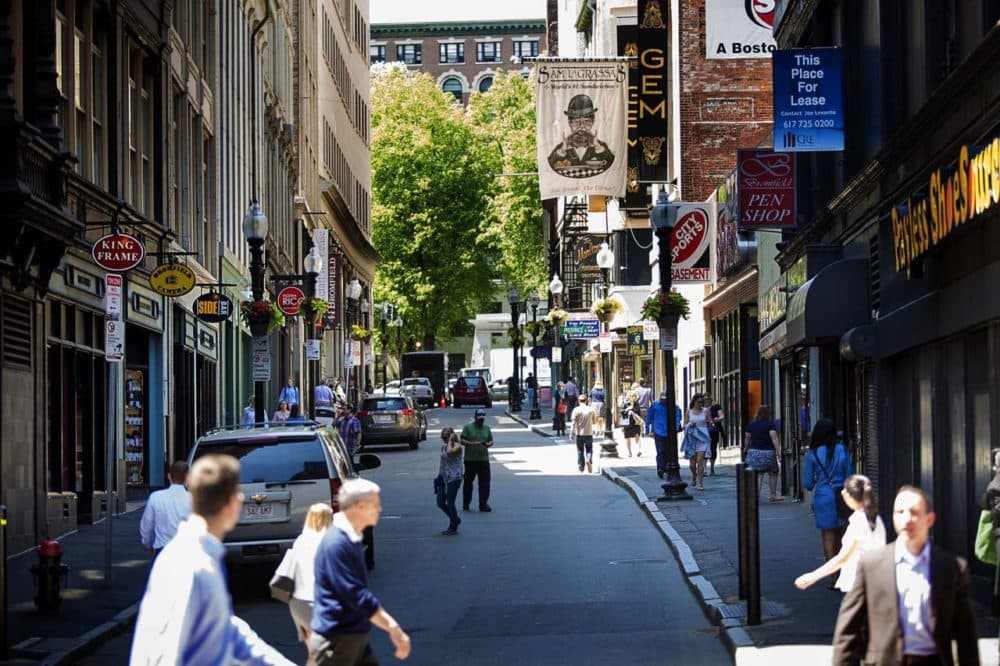 A bustling Bromfield Street in the afternoon. (Jesse Costa/WBUR)