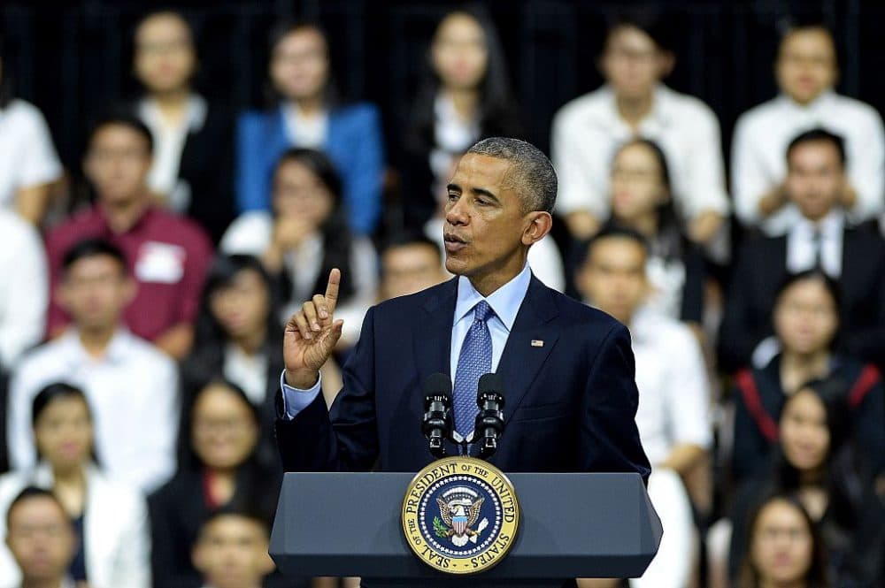 US President Barack Obama speaks at a Young Southeast Asian Leaders Initiative town hall event in Ho Chi Minh City on May 25, 2016.
Obama fielded questions on May 25 on everything from rap and weed smoking to leadership and his good looks at a lively town hall-style meeting with young Vietnamese, who say the US leader is a far cry from their staid Communist rulers. (CHRISTOPHE ARCHAMBAULT/AFP/Getty Images)