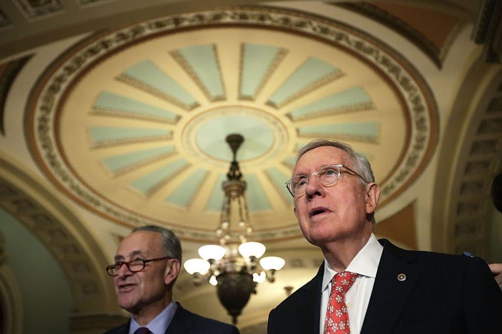 U.S. Senate Minority Leader Sen. Harry Reid (D-NV) (R) and Sen. Charles Schumer (D-NY) (L) participate in a news briefing after the weekly Senate Democratic Policy Committee luncheon May 24, 2016 on Capitol Hill in Washington, DC. Senate Democrats held a policy luncheon to discuss Democratic agenda. (Alex Wong/Getty Images)