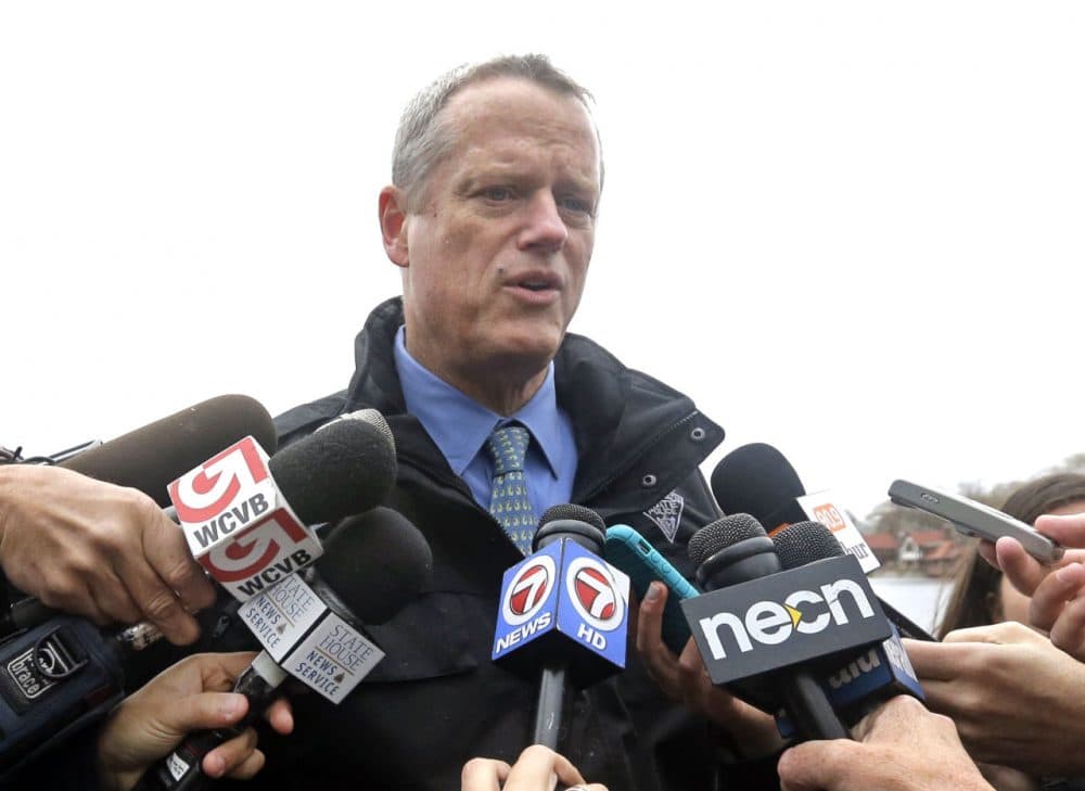 Gov. Charlie Baker speaks to members of the media earlier this month in Boston. (Elise Amendola/AP)