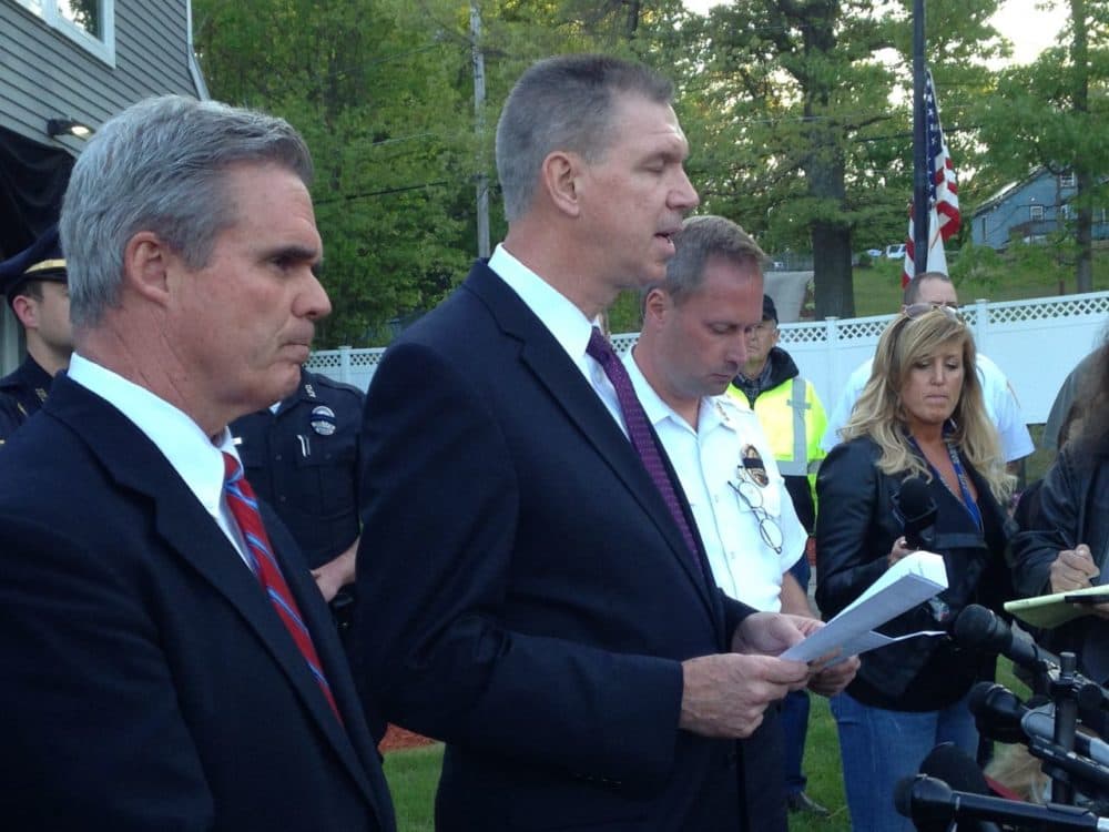 Massachusetts State Police Col. Richard McKeon speaks to reporters about a shootout that ensued between troopers and the suspect in the shooting death of Auburn police officer early Sunday. (Steve Brown/WBUR)