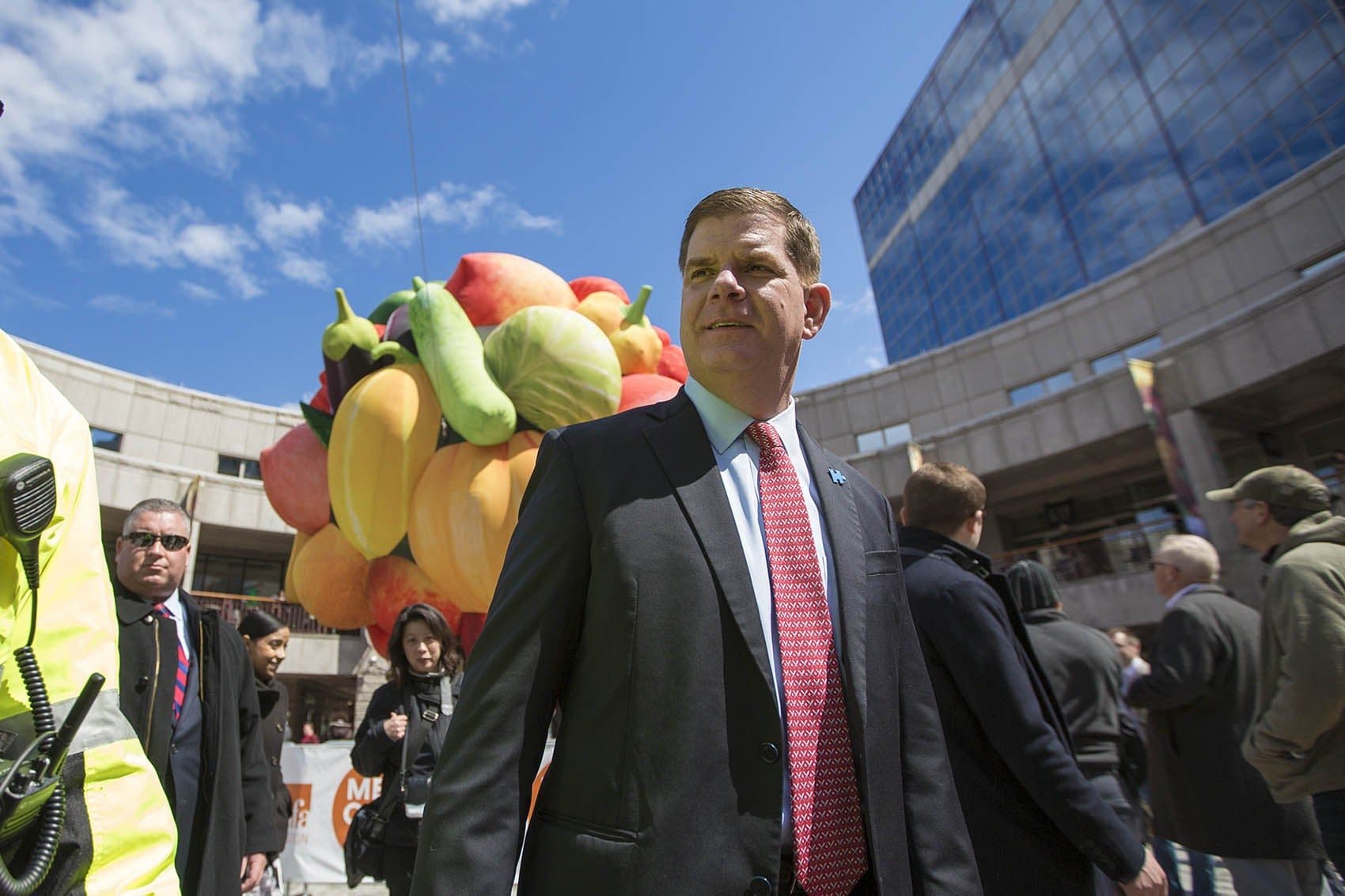 Boston Mayor Marty Walsh in Faneuil Hall in front of Choi Jeong Hwa's "Fruit Tree." Among Walsh's efforts to boost Boston arts has been the creation of the city's first office of arts and culture in decades. (Jesse Costa/WBUR)