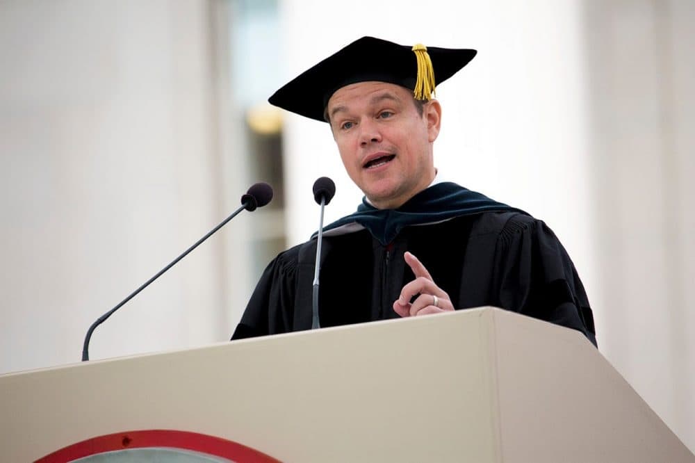 Matt Damon gives the commencement address at MIT on Friday. (Jesse Costa/WBUR)
