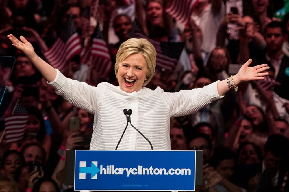Democratic presidential candidate Hillary Clinton arrives onstage during a primary night rally at the Duggal Greenhouse in the Brooklyn Navy Yard, June 7, 2016 in the Brooklyn borough of New York City. She will become the first woman in U.S. history to secure the presidential nomination of one of the country's two major political parties. (Drew Angerer/Getty Images)