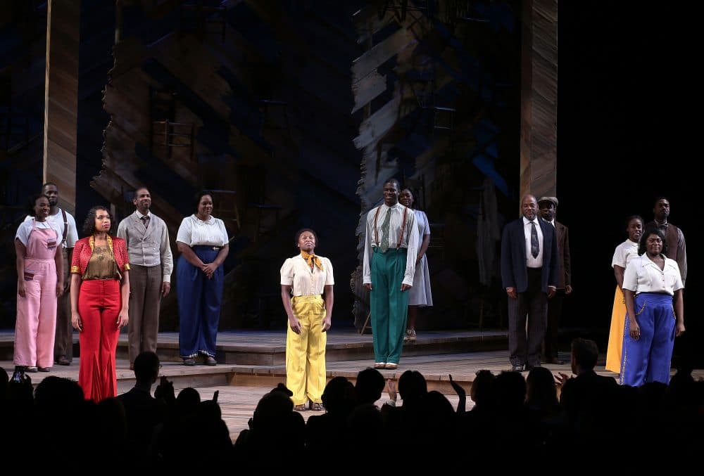 Actors Jennifer Hudson (Front L), Cynthia Erivo (C) and Danielle Brooks (Front R) join the cast of "The Color Purple" onstage during curtain call following their debut performances in Broadway's "The Color Purple" at The Bernard B. Jacobs Theatre on November 10, 2015 in New York City. (Jemal Countess/Getty Images)