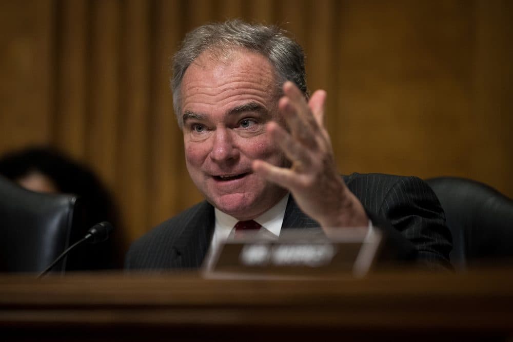 Sen. Tim Kaine (D-VA) questions witnesses during a Senate Foreign Relations Committee hearing concerning cartels and the U.S. heroin epidemic, on Capitol Hill, May 26, 2016, in Washington, DC. (Drew Angerer/Getty Images)