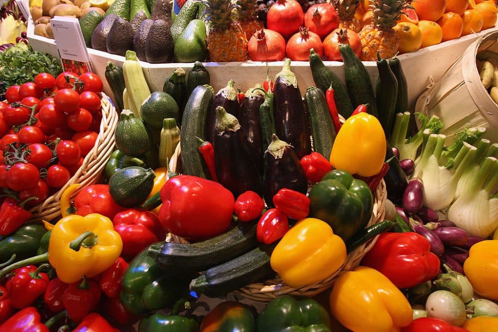 Different kinds of vegetables, including paprikas, zucchini, onions and tomatoes, lie on display at a government stand that offers information on nutrition at the Gruene Woche agricultural trade fair January 18, 2008 in Berlin, Germany. (Sean Gallup/Getty Images)