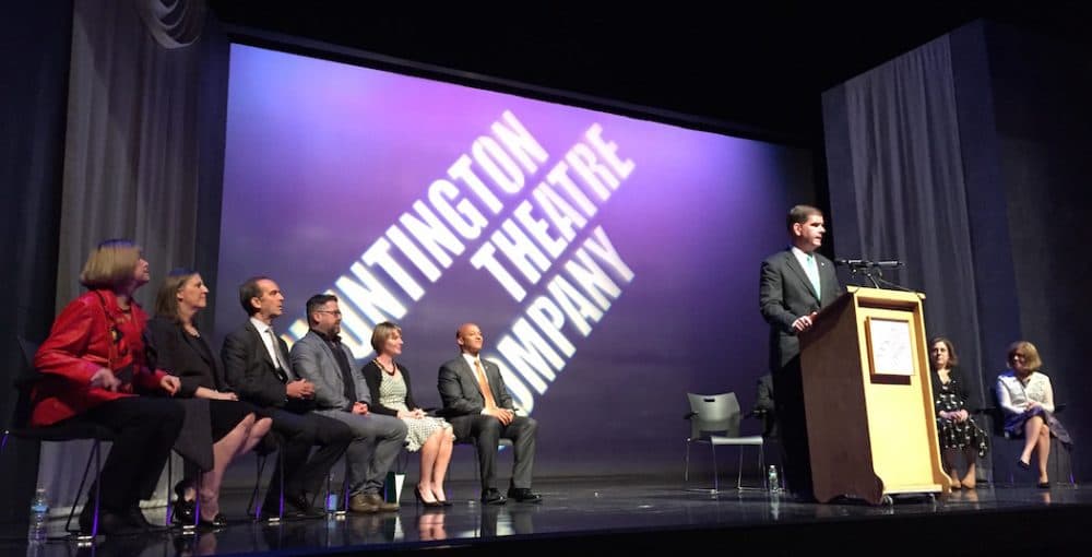 Boston Mayor Marty Walsh announces an agreement to let the Huntington Theatre Company retain control of its theater. (Jeremy D. Goodwin for WBUR)