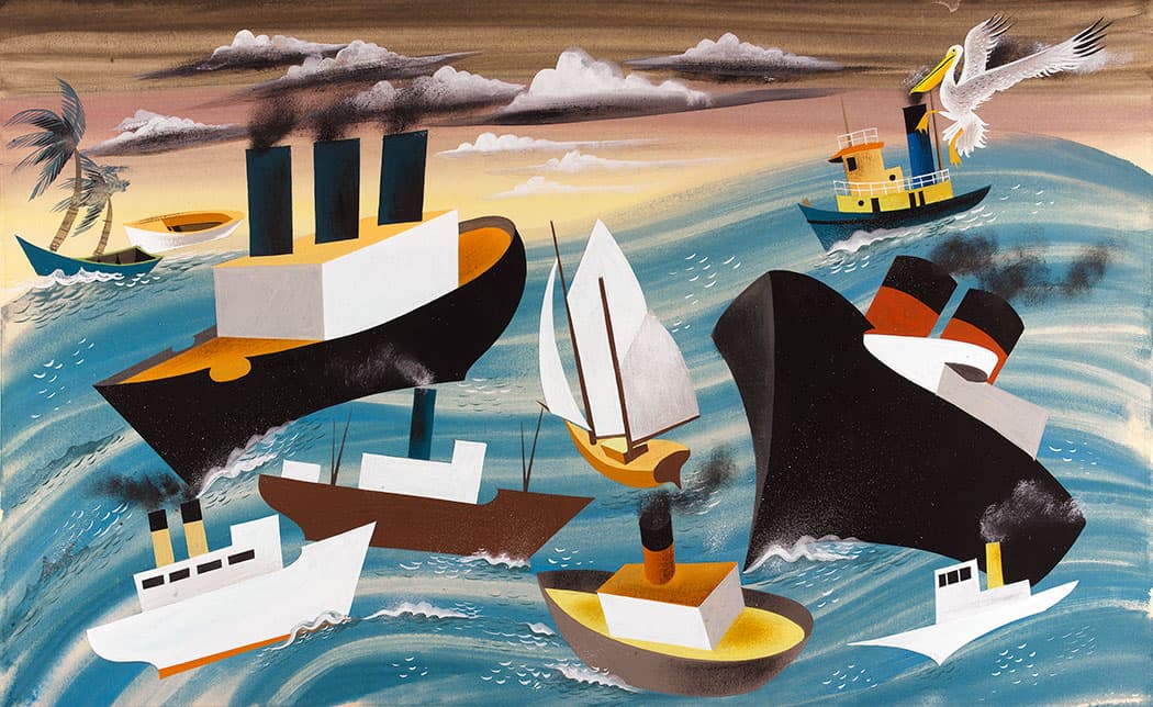 Leonard Weisgard's illustration from "Pelican Here / Pelican There" by Leonard Weisgard, 1948. (Courtesy Eric Carle Museum)