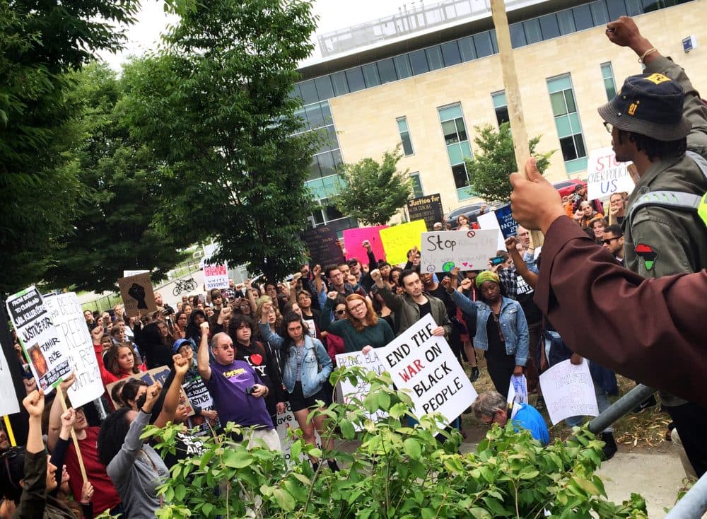The Mass Action Against Police Brutality demonstration in Roxbury on Saturday. (Jack Lepiarz/WBUR)
