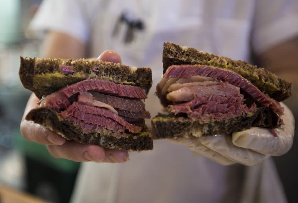 A close up of the "No. 2" at Mamaleh's Delicatessen -- hot corned beef on rye with mustard. (Jesse Costa/WBUR)