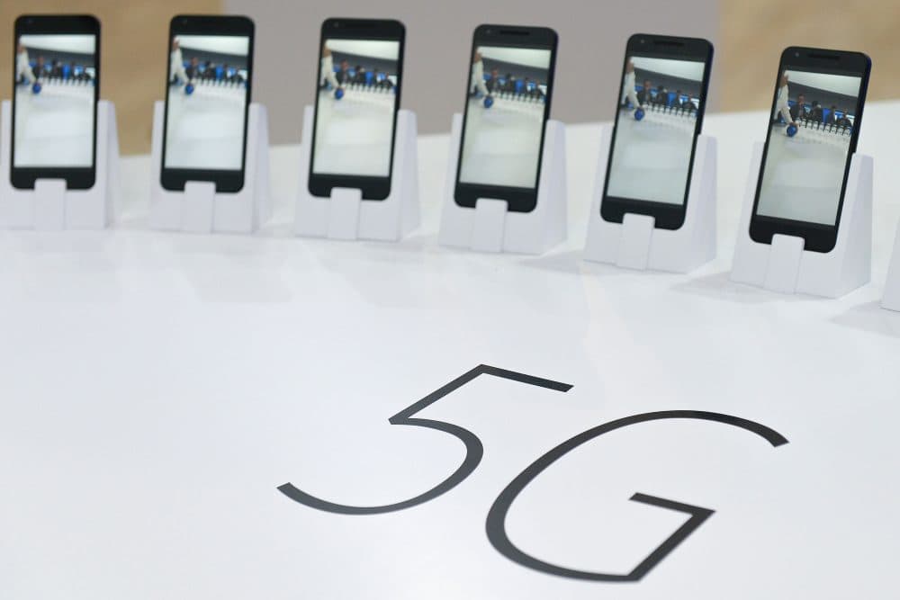 Mobile phones with 5G are displayed at the Mobile World Congress in Barcelona on February 22, 2016. (Josep Lago/AFP/Getty Images)